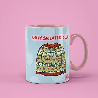 Ugly Sweater Club Mug – festive jumper design, pink handle on right