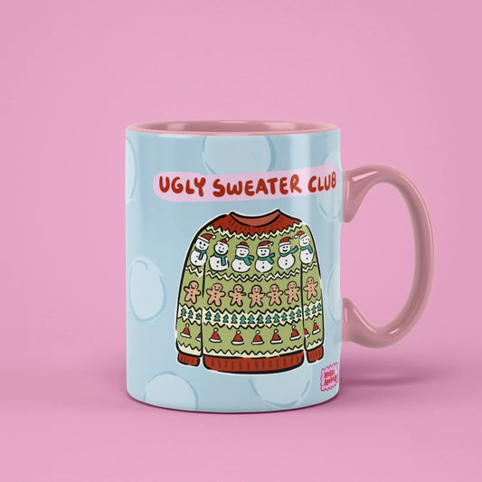 Ugly Sweater Club Mug – festive jumper design, pink handle on right
