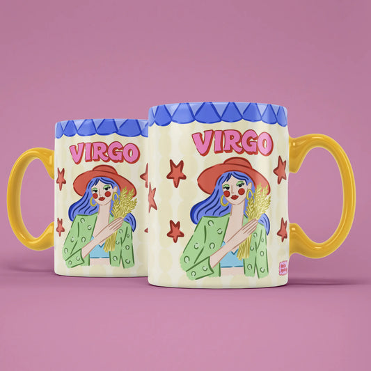 Two Virgo star sign mugs showing a red-beret-wearing figure holding golden wheat