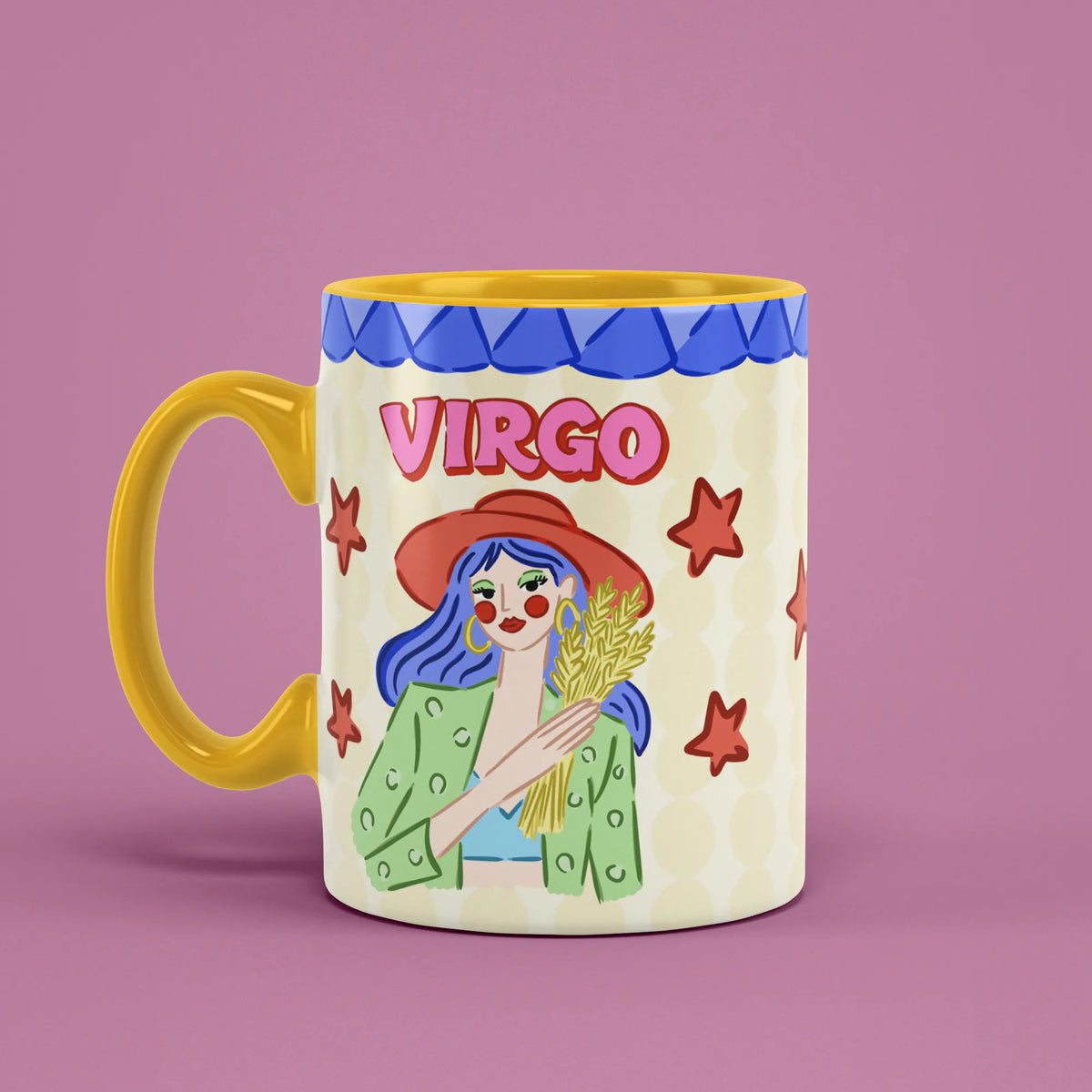 Virgo astrology mug angled left with red stars and golden wheat