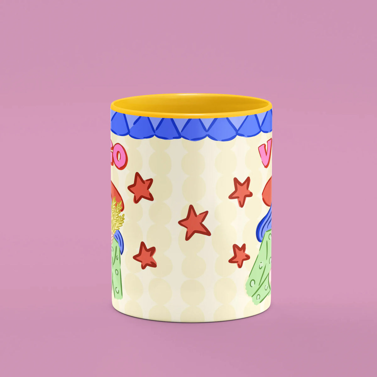 Virgo mug reverse view showing red stars and golden wheat and yellow handle