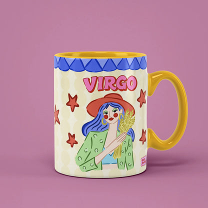 Virgo zodiac mug with a red-beret-wearing figure holding golden wheat