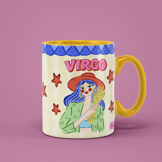 Virgo zodiac mug with a red-beret-wearing figure holding golden wheat