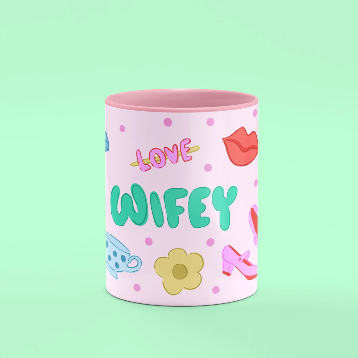 Wifey Mug – front view of Wifey lettering with love motifs