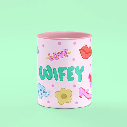 Wifey Mug – front view of Wifey lettering with love motifs