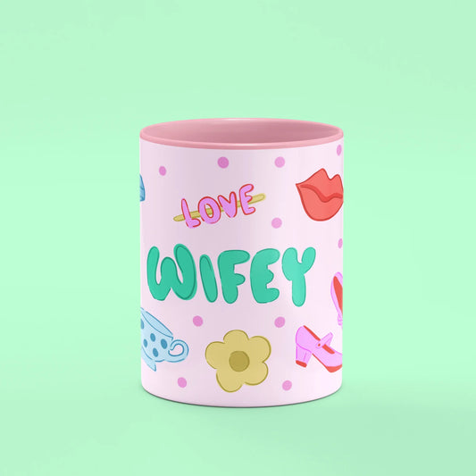 Wifey Mug – front view of Wifey lettering with love motifs