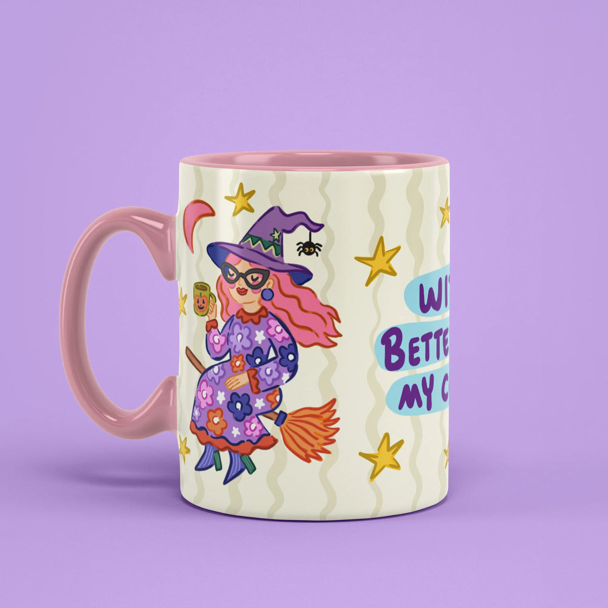 Left view of Witch Better Have My Coffee Mug with pink handle