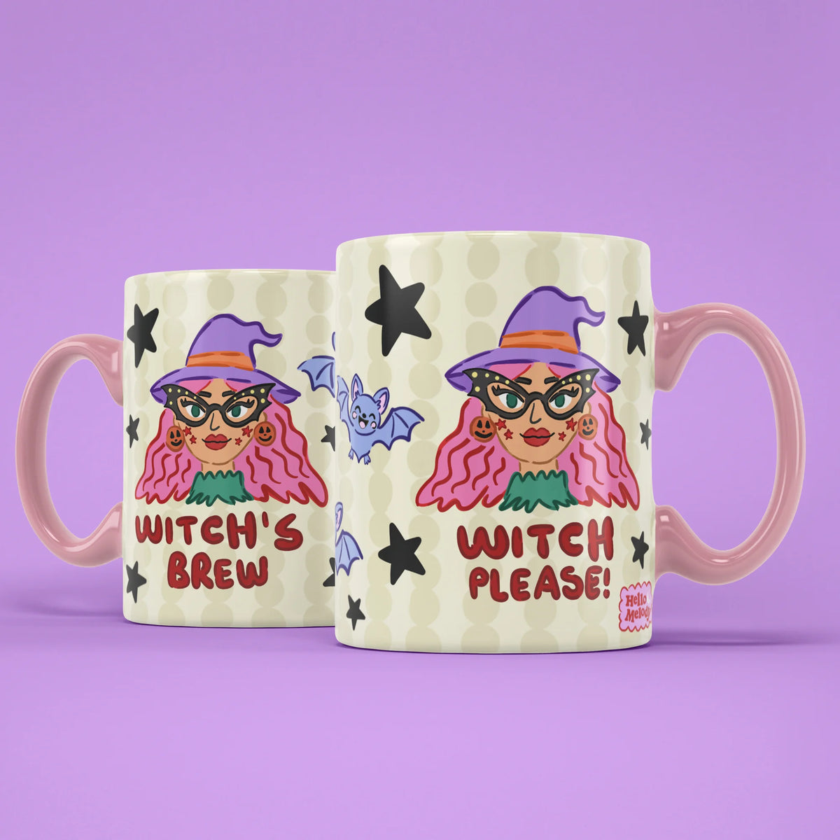 Witch Please Mug shown from both sides with bats and stars