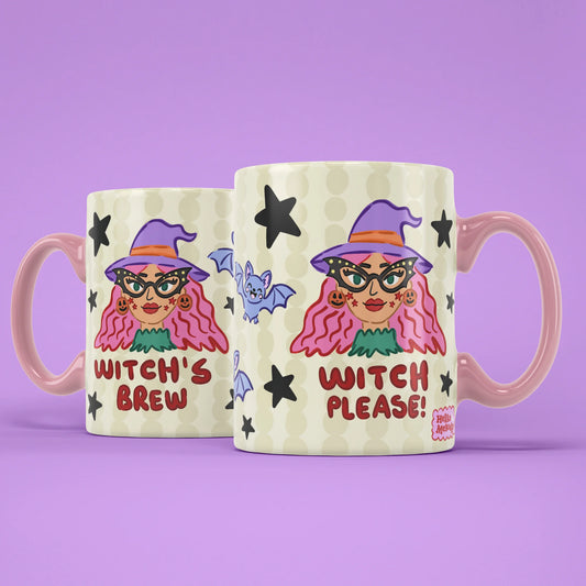 Witch Please Mug shown from both sides with bats and stars
