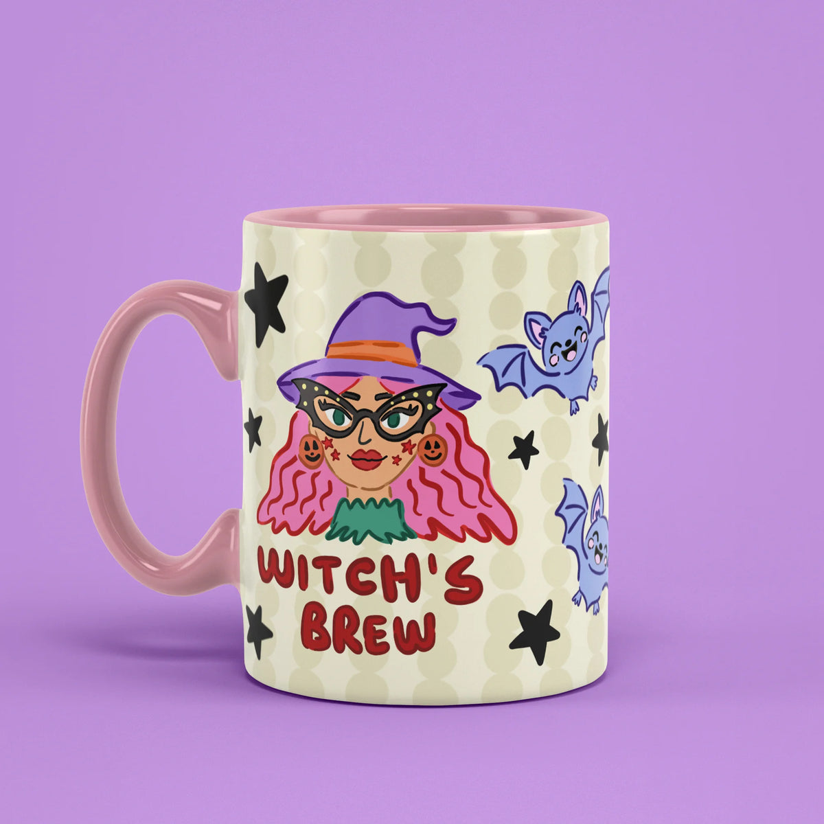 Left view of Witch Please Mug with pink handle