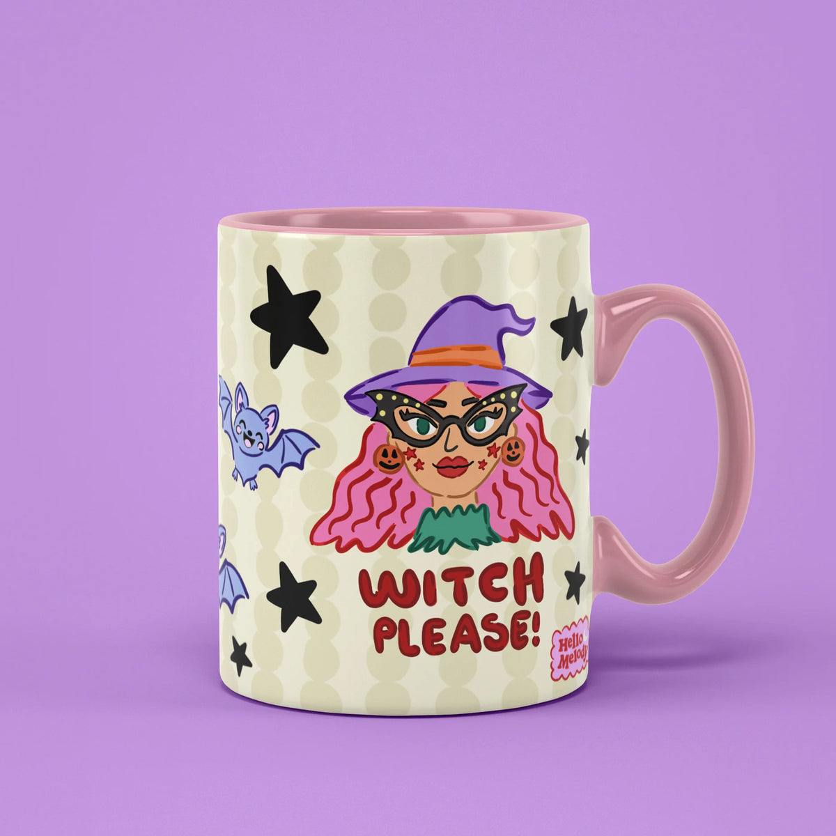 Witch Please Mug with illustrated witch and bats, fun Halloween gift