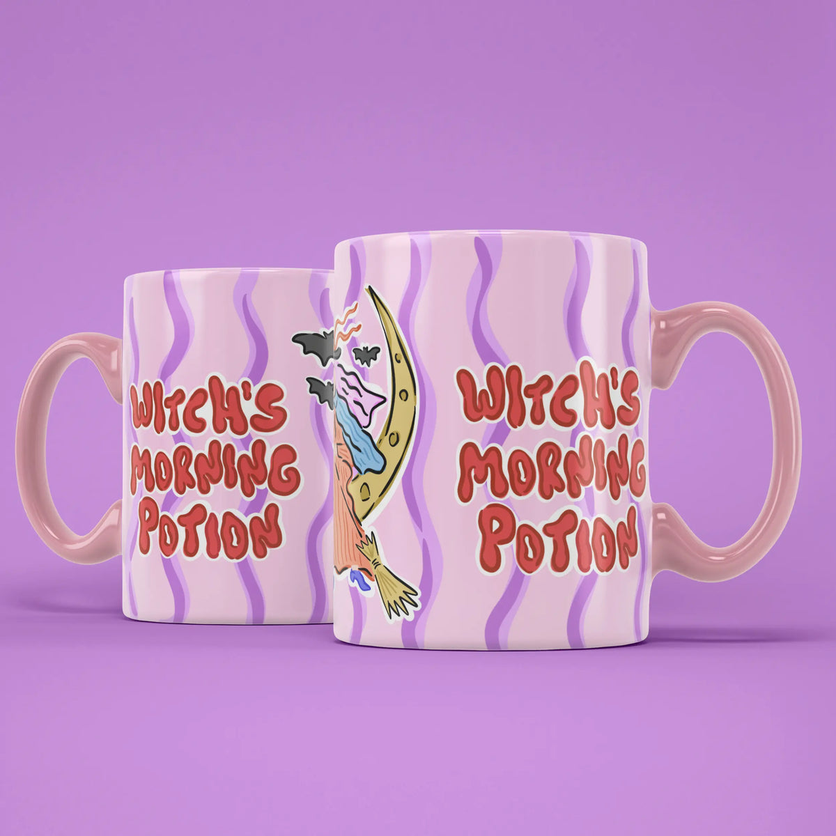 Two Morning Potion mugs showing both sides of the witchy Halloween design