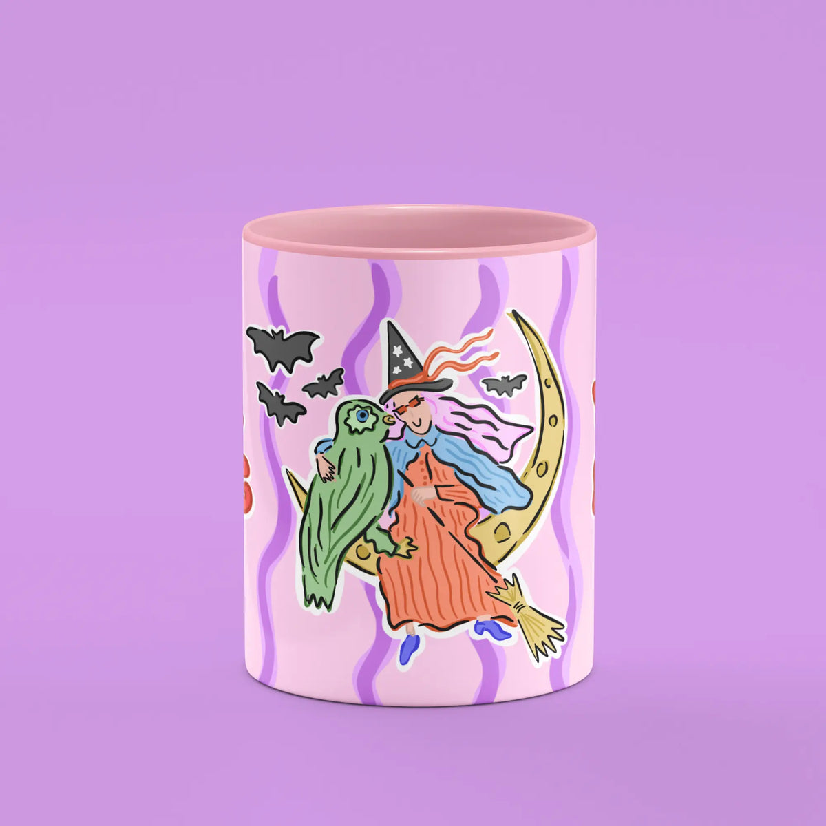 Front view of the Morning Potion Mug showing a witch on a crescent moon