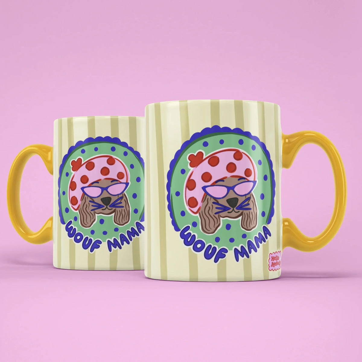 Wouf Mama Mug – two mugs showing front and back of the dog mum design