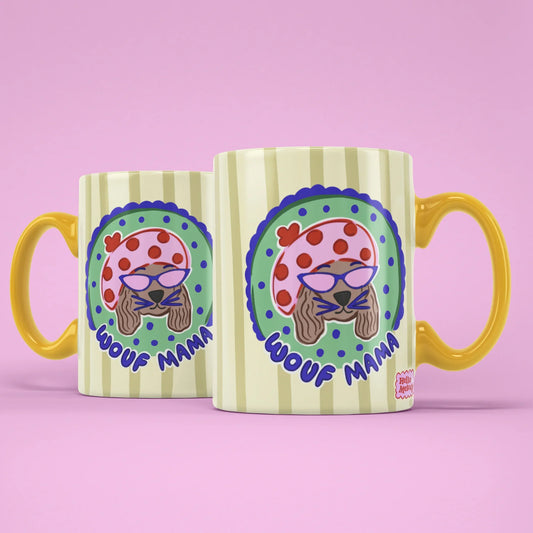 Wouf Mama Mug – two mugs showing front and back of the dog mum design