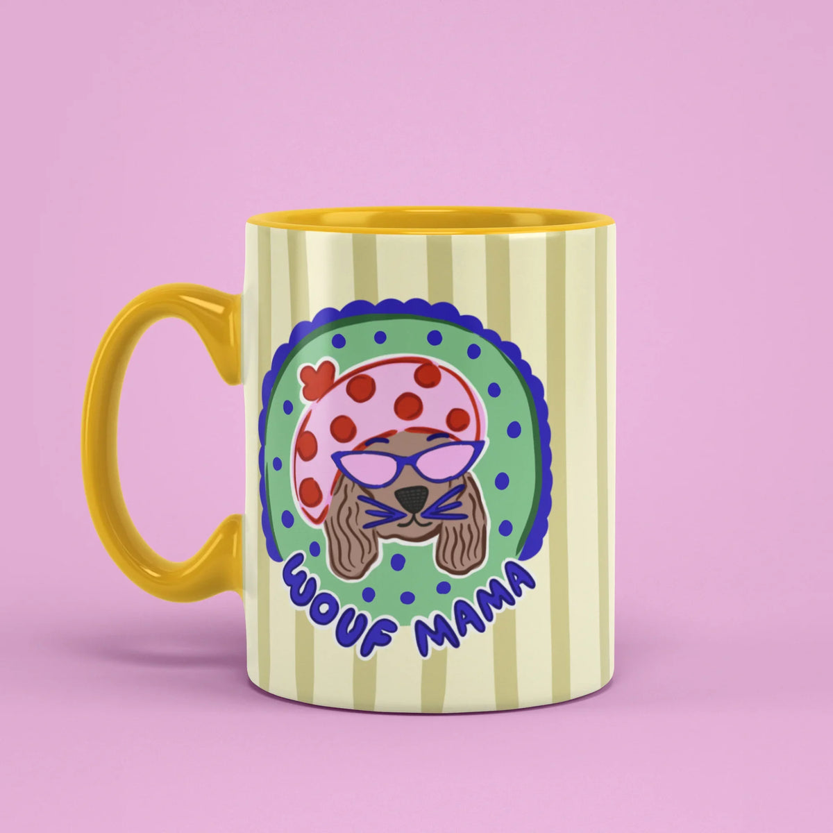 Wouf Mama Mug – dog mum cup with yellow handle on left