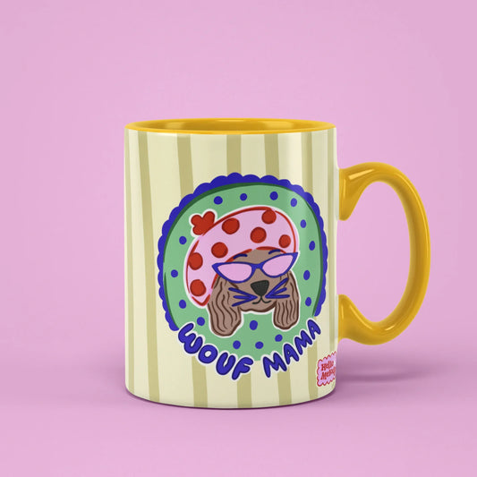 Wouf Mama Mug – dog in beret and sunglasses, yellow handle on right