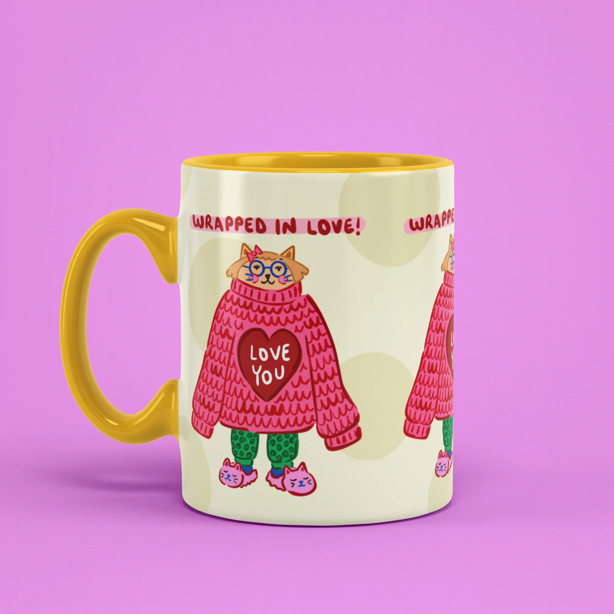 Wrapped in Love Mug – wrapped in love lettering, yellow handle on left