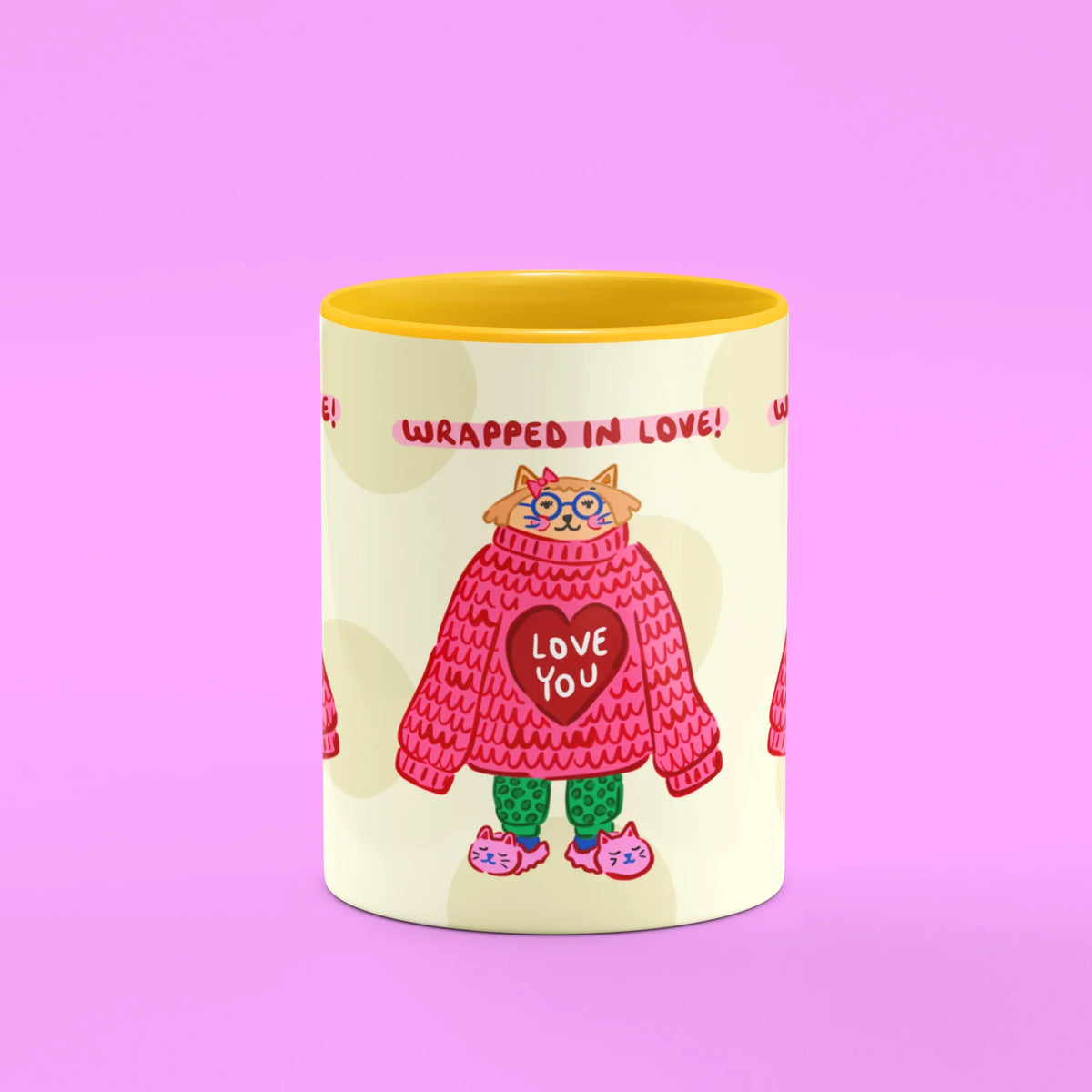 Wrapped in Love Mug – front view of the cat in an oversized love you jumper