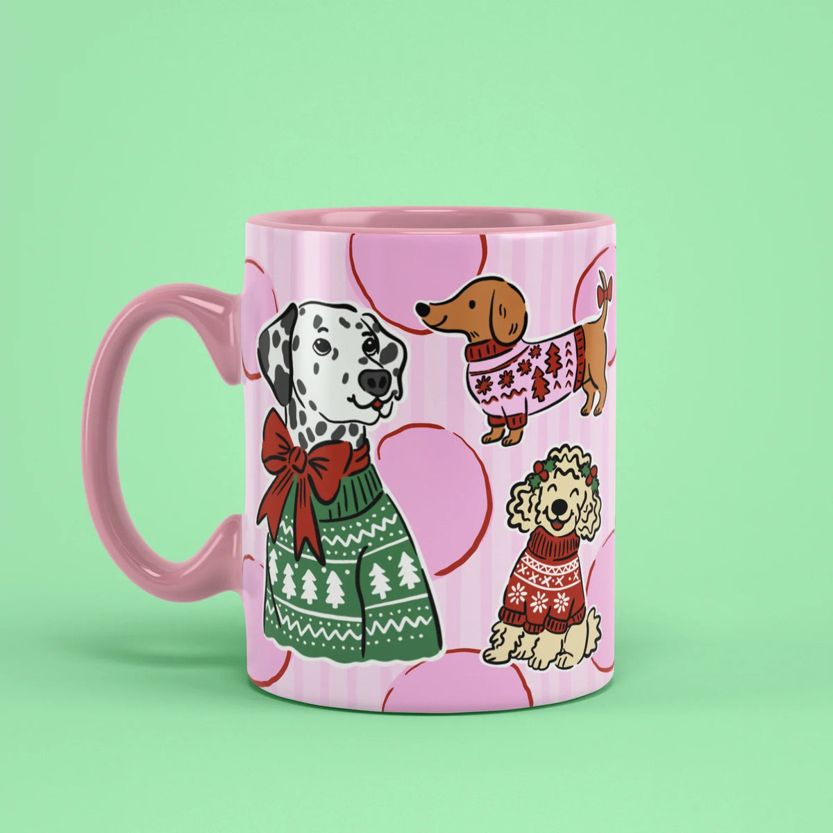 Xmas Dogs Mug – festive dog cup with pink handle on left