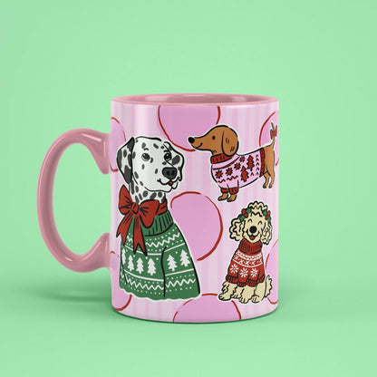Xmas Dogs Mug – festive dog cup with pink handle on left