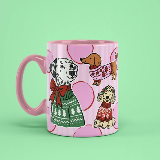 Xmas Dogs Mug – festive dog cup with pink handle on left