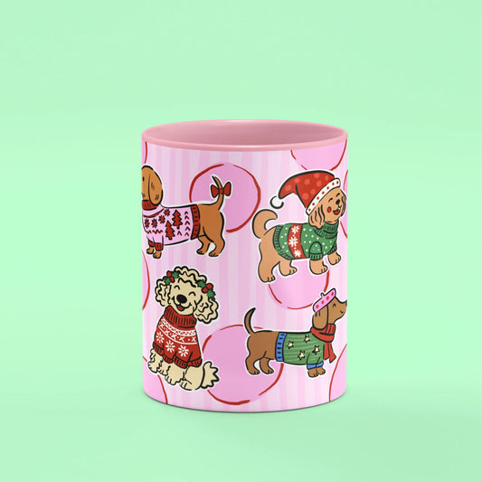 Xmas Dogs Mug – front view of dachshund and dalmatian in jumpers