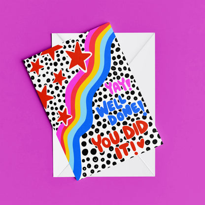 Yay Well Done You Did It greeting card – flat lay mock-up with envelope