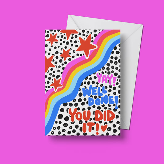 Yay Well Done You Did It greeting card – front view of the colourful illustrated design