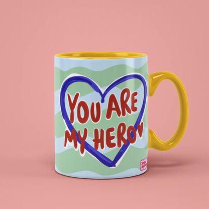 You Are My Hero Mug – bold heart lettering, yellow handle on right